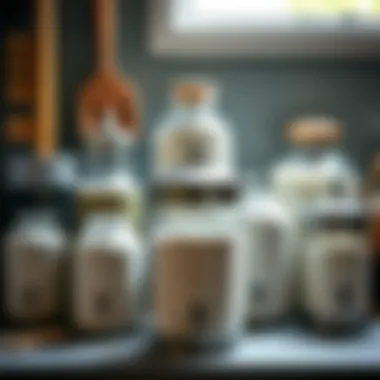 Different styles of flour dispensers arranged aesthetically