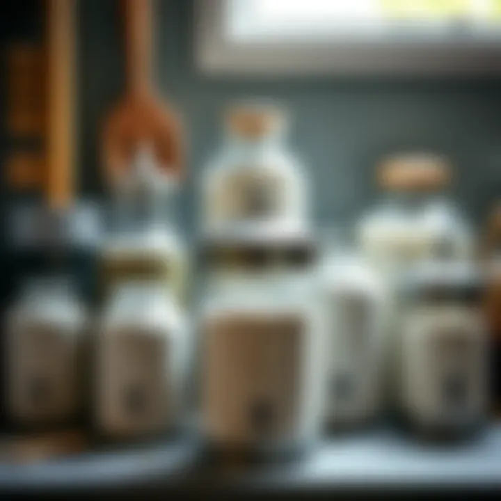 Different styles of flour dispensers arranged aesthetically