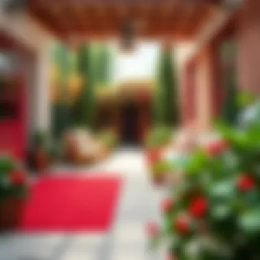 A cozy outdoor patio featuring a red plastic rug