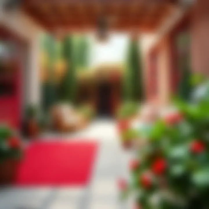 A cozy outdoor patio featuring a red plastic rug