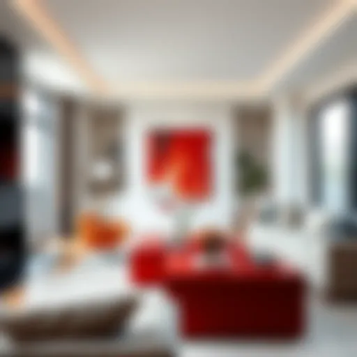 A striking red accent table nestled in a modern living room setting, showcasing its vibrant color against neutral tones.