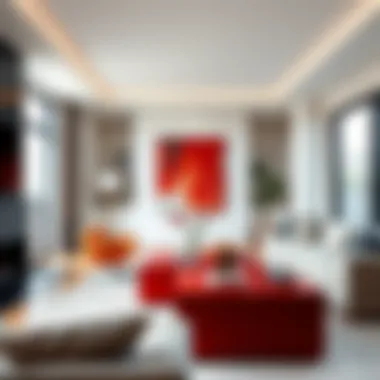 Modern Living Room with Red Accent Table A striking red accent table nestled in a modern living room setting, showcasing its vibrant color against neutral tones.