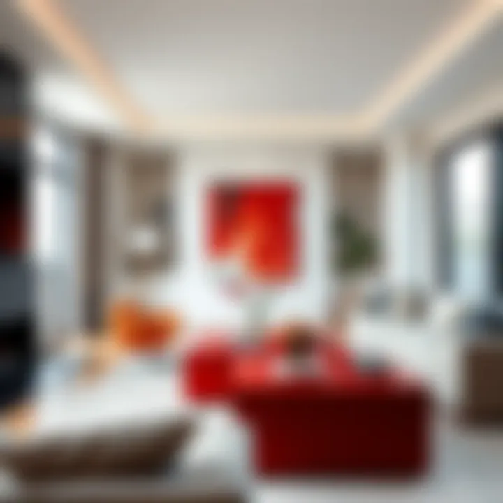 Modern Living Room with Red Accent Table A striking red accent table nestled in a modern living room setting, showcasing its vibrant color against neutral tones.