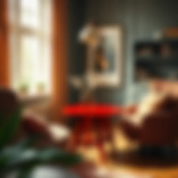 Red Accent Table in a Reading Nook An elegant red accent table in a cozy reading nook, surrounded by books and comfortable seating, illustrating its functional charm.