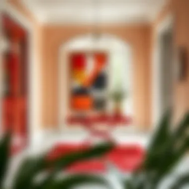 Red Accent Table in a Stylish Entryway A chic red accent table displayed in a stylish entryway, enhancing the space with a pop of color and sophistication.