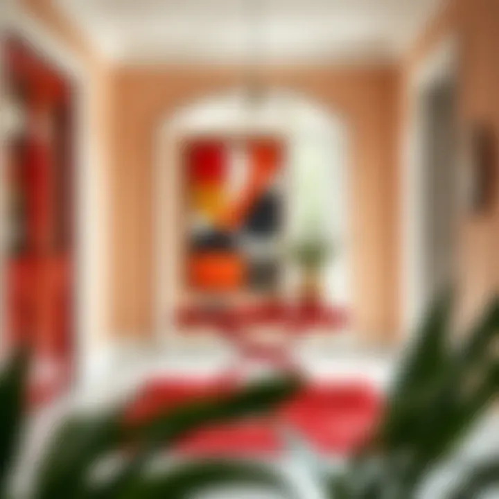 Red Accent Table in a Stylish Entryway A chic red accent table displayed in a stylish entryway, enhancing the space with a pop of color and sophistication.