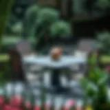 Elegant square patio table set in a lush garden