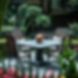 Elegant square patio table set in a lush garden