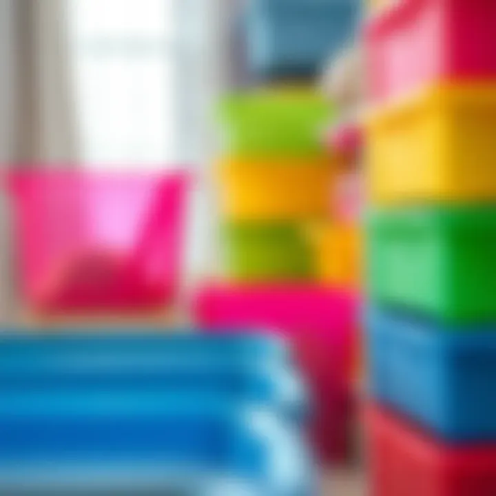 Colorful plastic drawer organizers arranged neatly in a children's room