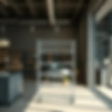 Durable metal five-tier shelving rack used in a commercial space