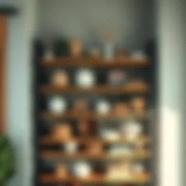 Organized five-tier shelving rack displaying various decorative items