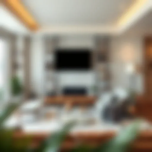 Modern Living Room with Five-Tier Shelving Rack Stylish five-tier shelving rack in a modern living room setting