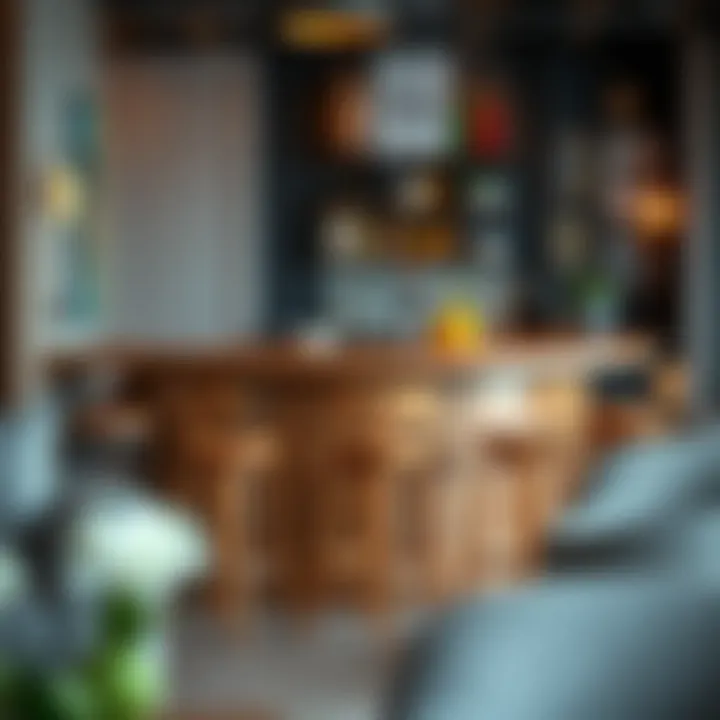 Chic Home Bar Setup with Adjustable Bar Stools A chic home bar setup featuring adjustable bar stools