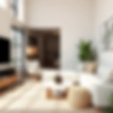 A cozy living room featuring a corner vase stand with natural elements and greenery