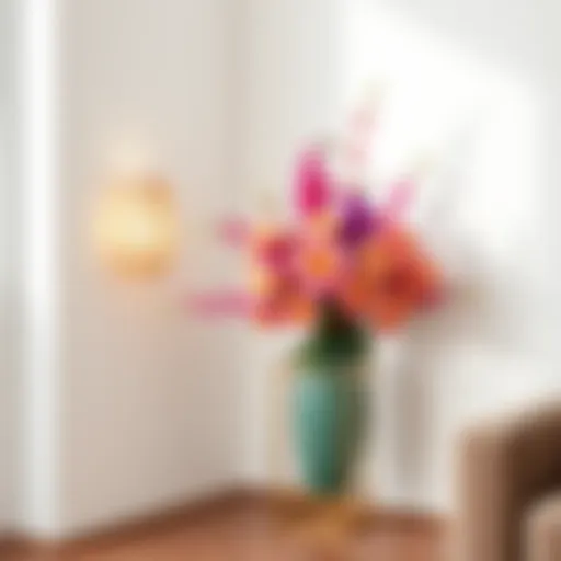 Elegant corner vase stand showcasing a vibrant bouquet against a minimalist backdrop