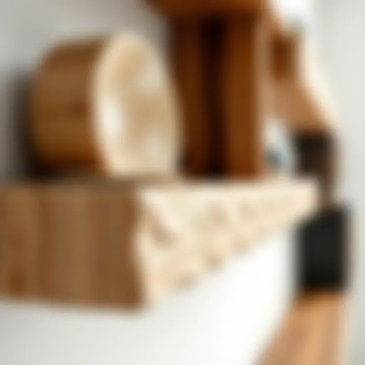 Close-up view of diverse materials used in hanging ledge shelves, highlighting textures.
