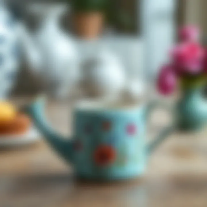 A vibrant ceramic miniature watering can adorned with floral patterns