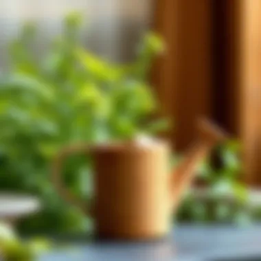 An eco-friendly wooden miniature watering can set against a backdrop of lush greenery