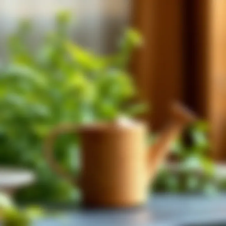 An eco-friendly wooden miniature watering can set against a backdrop of lush greenery