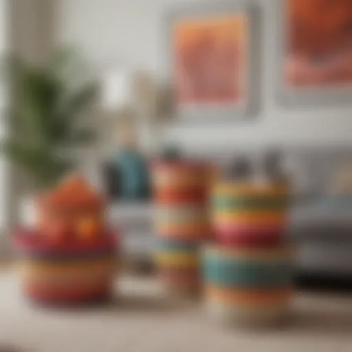 Colorful plastic woven storage baskets arranged in a modern living room setting