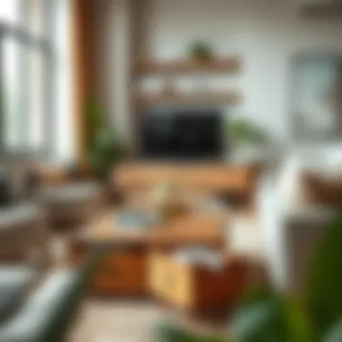Modern Living Room Featuring a Stylish Wooden Table with Drawers Stylish wooden table with drawers set in a modern living room environment