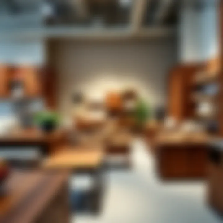 Variety of wooden tables with drawers displayed in an elegant furniture showroom