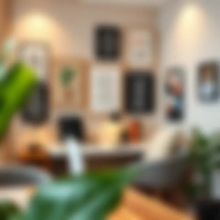 Customized Workspace with Inspirational Wall Decor A cozy workspace featuring framed art pieces and inspiring quotes
