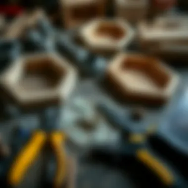 DIY tools and materials laid out for constructing hexagon shelves.