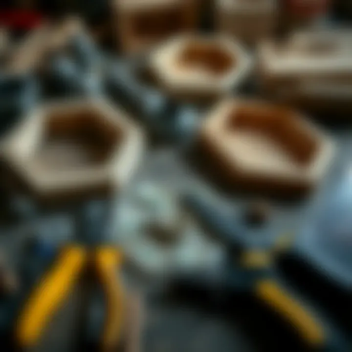 DIY tools and materials laid out for constructing hexagon shelves.