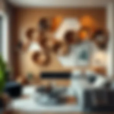 A stylish living room featuring hexagon shelves filled with decorative items.