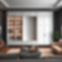 Elegant shelving unit with closed doors in a modern living room