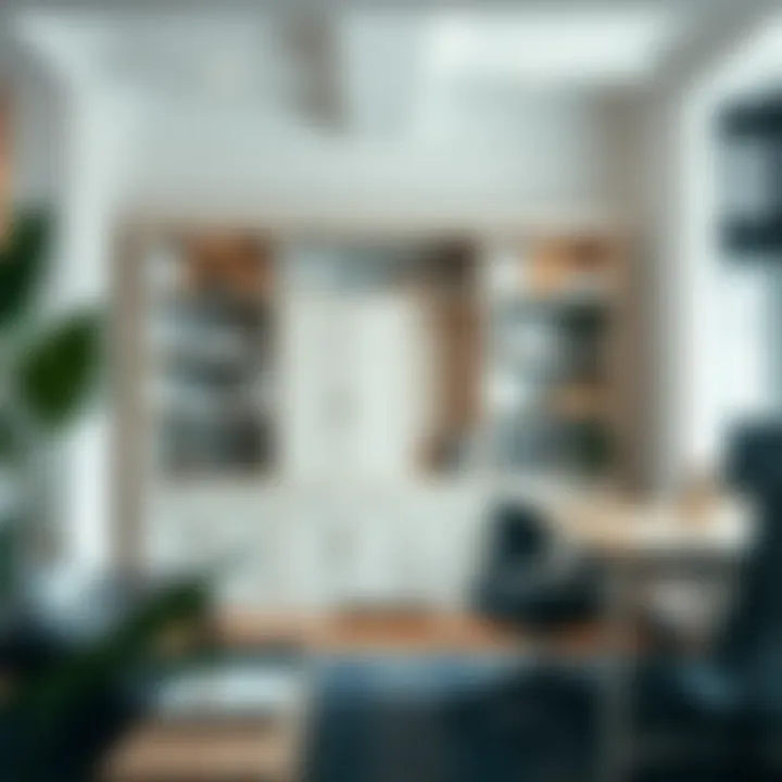 Stylish office space featuring a 12-inch deep shelving unit with doors