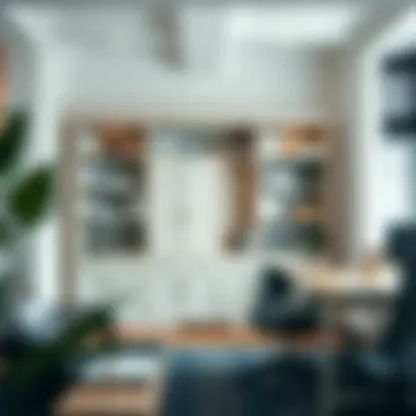 Stylish Office with Shelving Unit Stylish office space featuring a 12-inch deep shelving unit with doors
