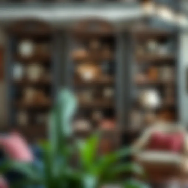 Antique bookshelves showcasing vintage decor elements