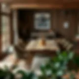 A rustic wooden farmhouse dining table set in a cozy dining room