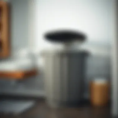 Functional grey trash can with lid promoting bathroom organization