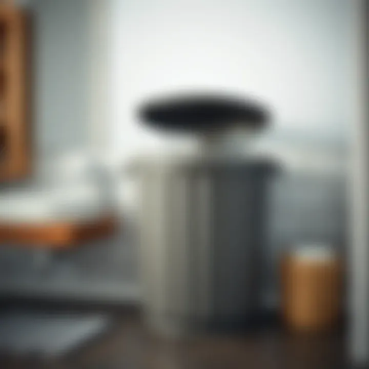 Functional grey trash can with lid promoting bathroom organization