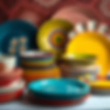 An eclectic assortment of funky dinner plates featuring vibrant colors and patterns.