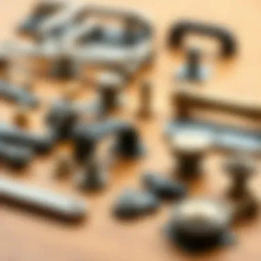 Different types of furniture hardware laid out for comparison
