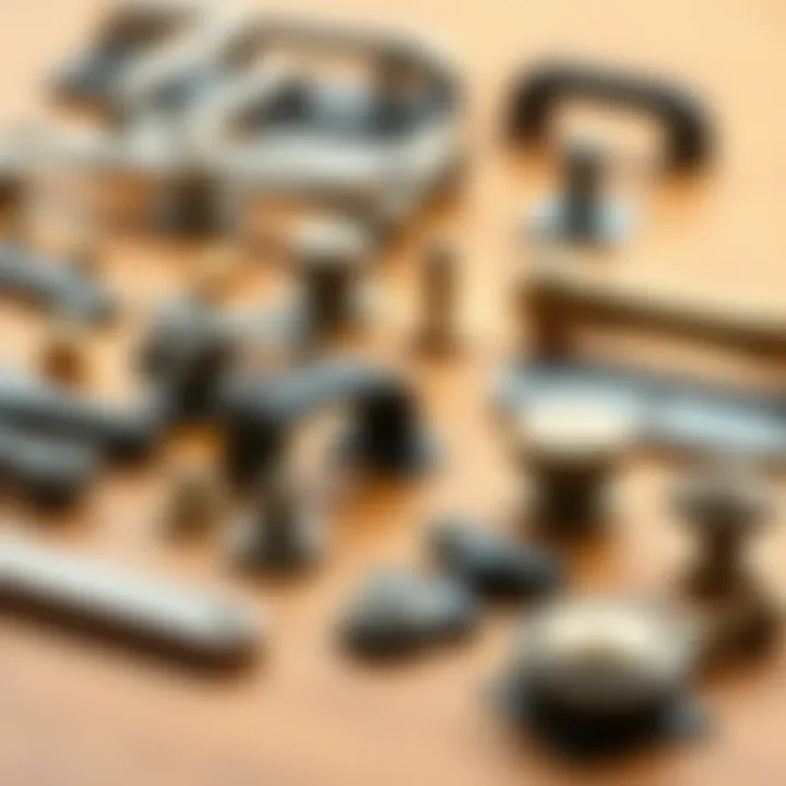 Different types of furniture hardware laid out for comparison