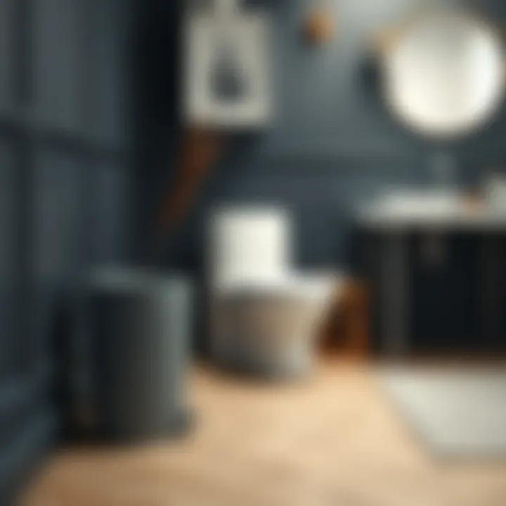 Stylish grey trash can complementing contemporary bathroom decor