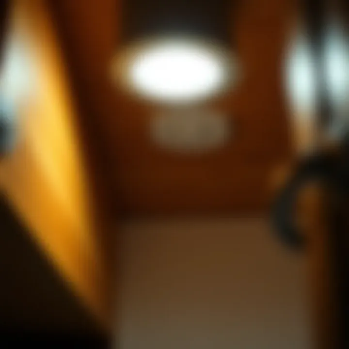 Close-up of a motion-sensor light installed in a garage cabinet