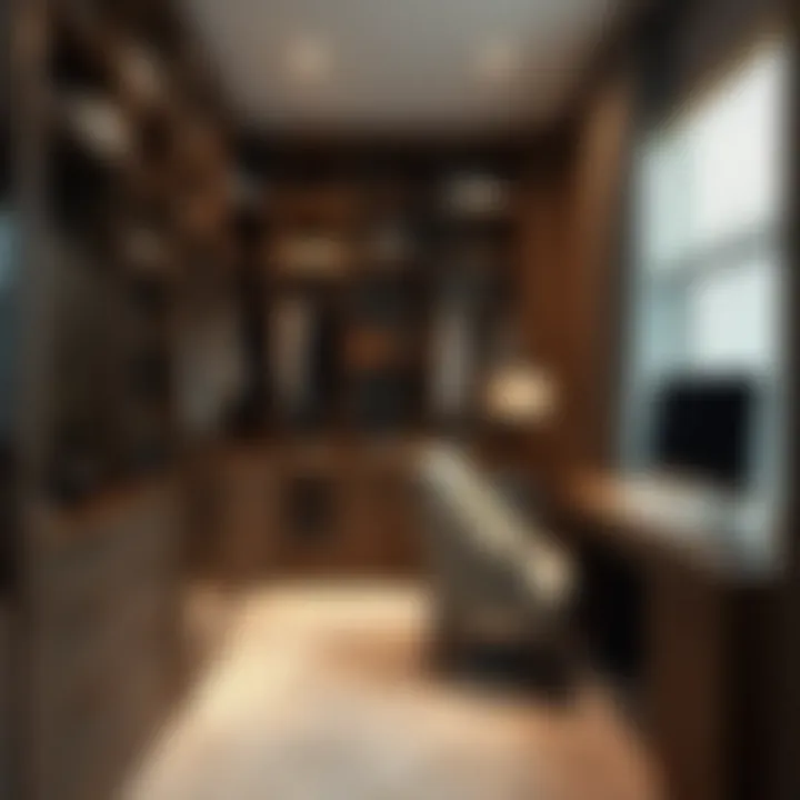 Creative layout of a walk-in closet with office features