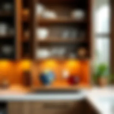 Chic kitchen cabinet with door shelves showcasing decorative items.