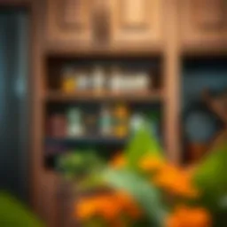 Elegant kitchen cabinet door shelf displaying assorted spices and herbs.