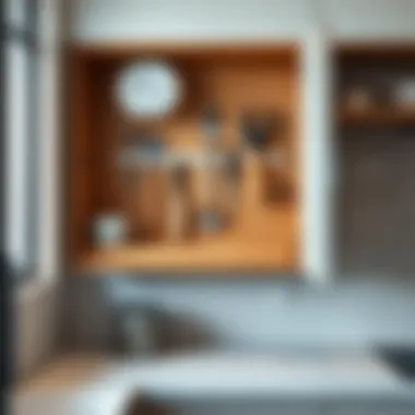 Modern kitchen cabinet door shelf organizing small kitchen tools.