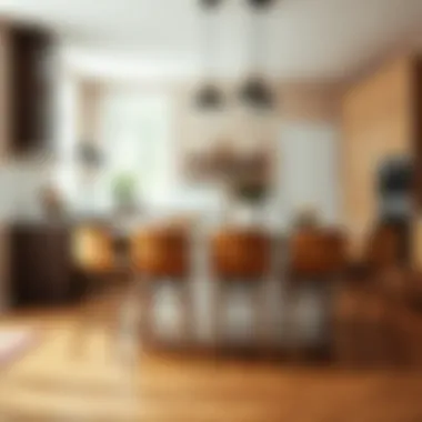 Light brown counter stools arranged around a kitchen island.