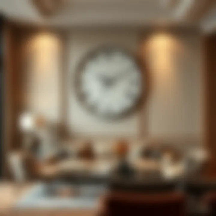 Stylish living room featuring a prominent wall clock