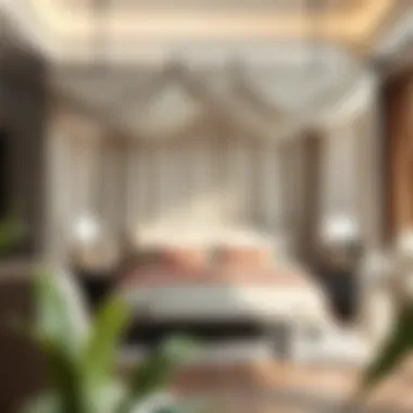 Luxurious canopy bed with draped fabric in a tranquil environment