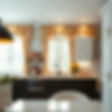 Modern kitchen with ruffled curtains adding a touch of charm